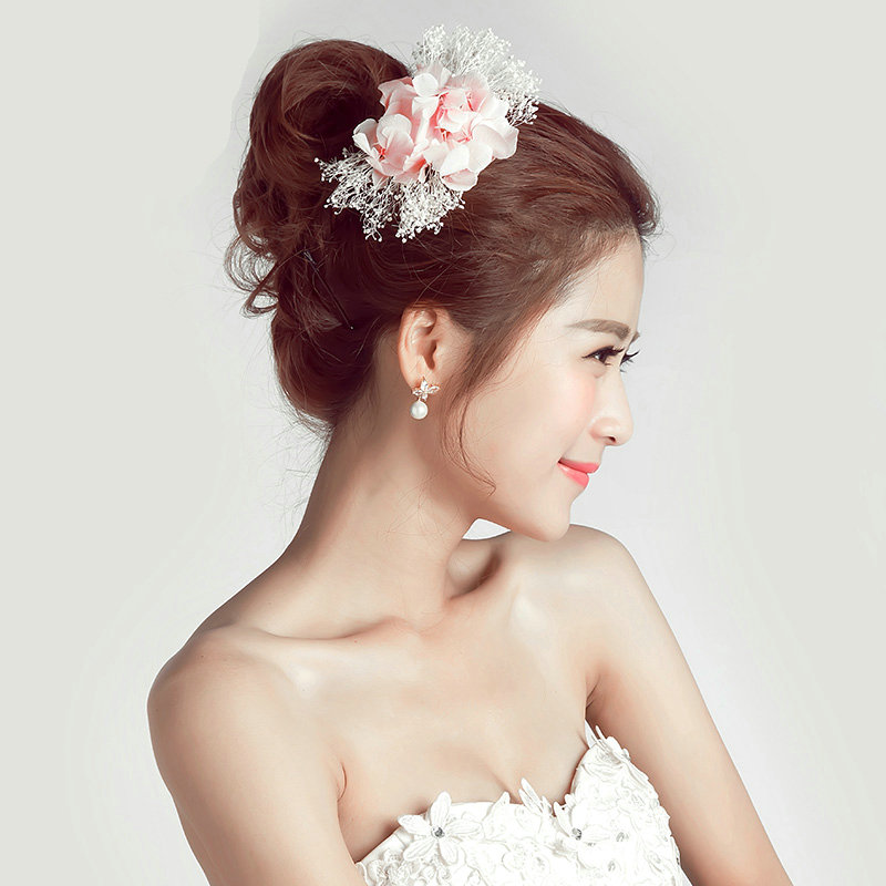 Lace Flower Bride Hair Barrettes Clip Women Headbands Wedding Accessories - Pink