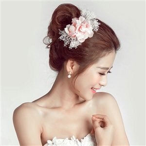 Lace Flower Bride Hair Barrettes Clip Women Headbands Wedding Accessories - Pink