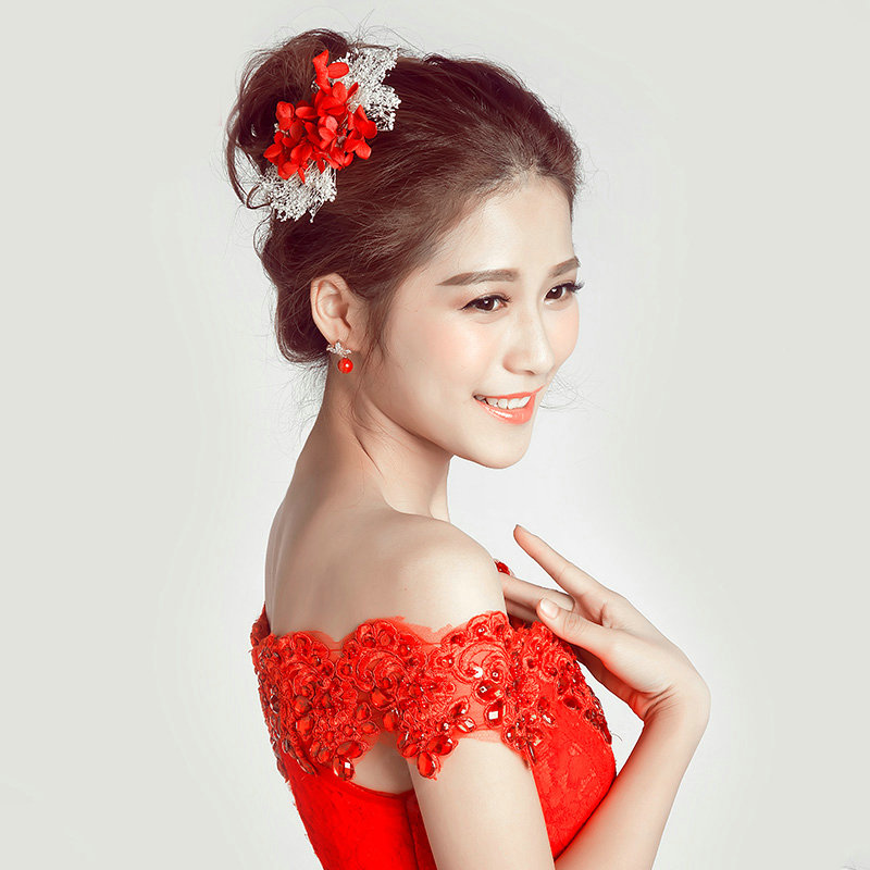 Lace Flower Bride Hair Barrettes Clip Women Headbands Wedding Accessories - Red