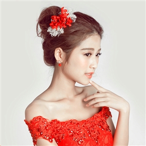 Lace Flower Bride Hair Barrettes Clip Women Headbands Wedding Accessories - Red