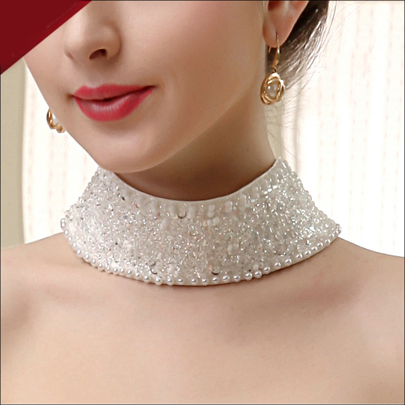 Luxurious Pearls Crystals Beads Bridal Necklace Wedding Lace Rhinestone Shoulder Accessories