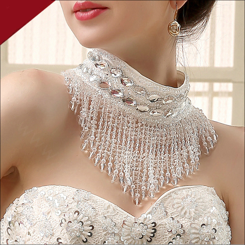 Luxurious Pearls Crystals Beads Bridal Necklace Wedding Tassel Rhinestone Shoulder Chain Accessories
