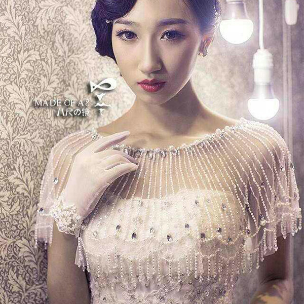 Luxurious Wedding Bride Crystal Beads Lace Shawls Bridal Pearl Delicate Tassel Shoulder Chain Cape