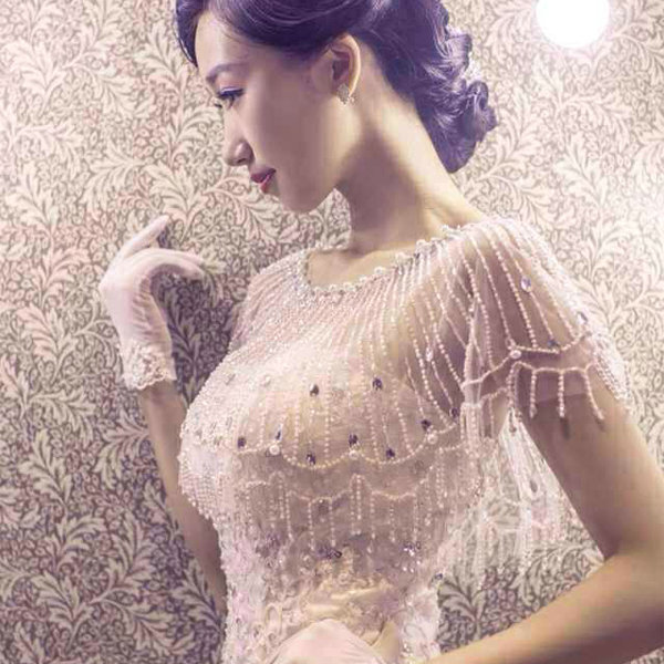 Luxurious Wedding Bride Crystal Beads Lace Shawls Bridal Pearl Delicate Tassel Shoulder Chain Cape