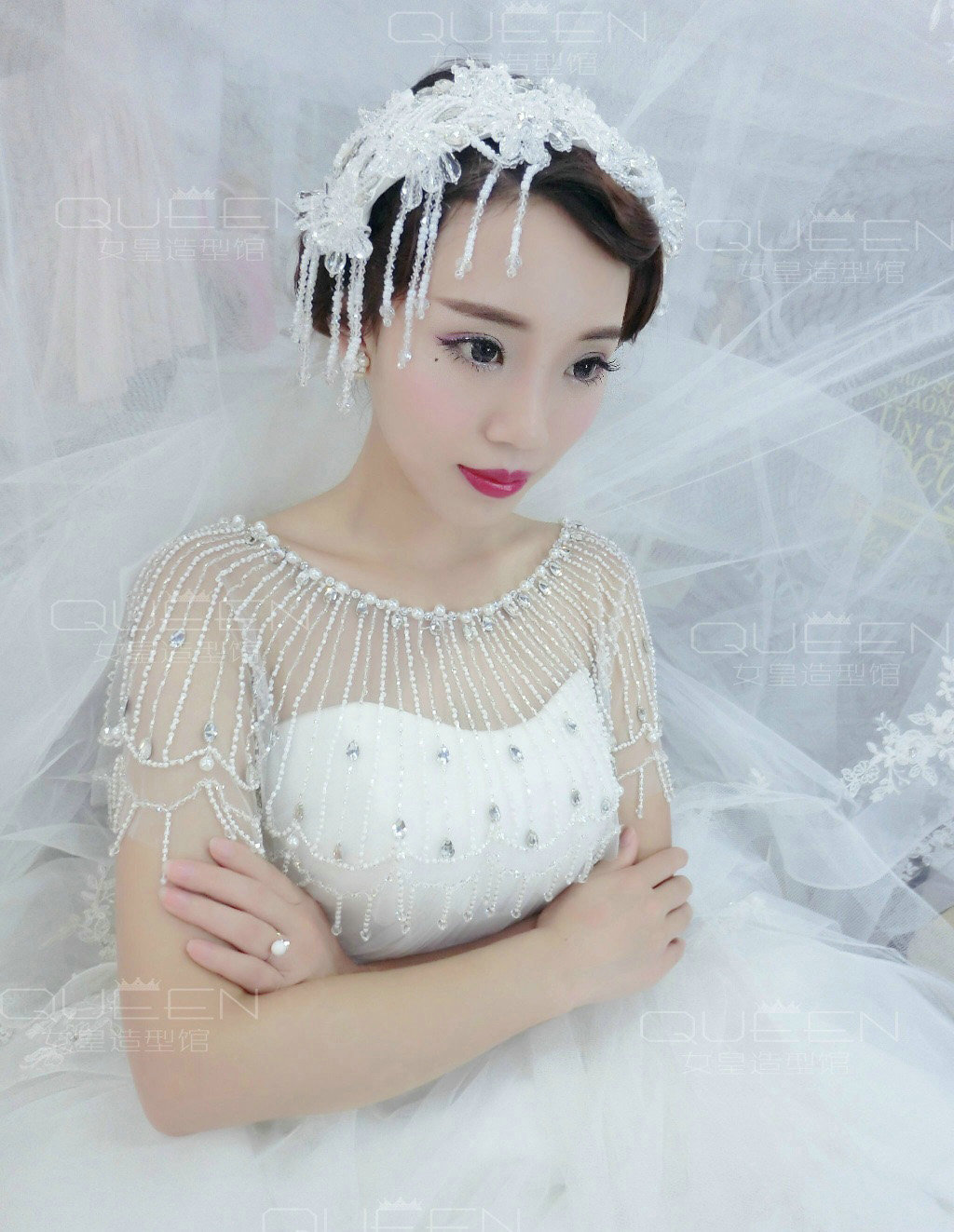 Luxurious Wedding Bride Crystal Beads Lace Shawls Bridal Pearl Delicate Tassel Shoulder Chain Cape