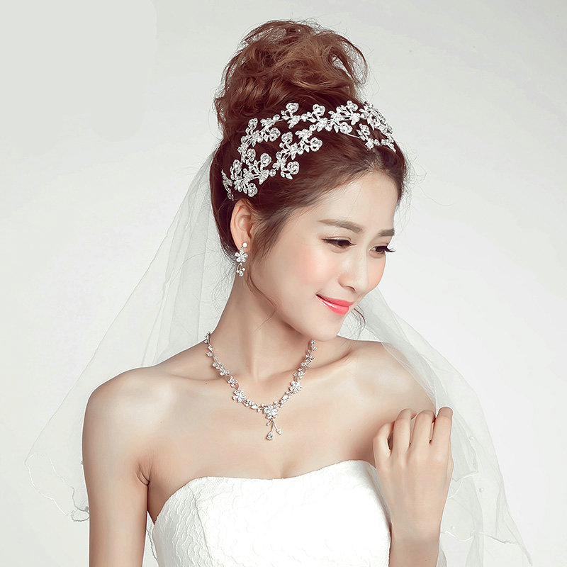 Luxury Alloy Rhinestone Flower Bridal Headbands Necklace Earrings Women Wedding Jewelry Sets - Silver