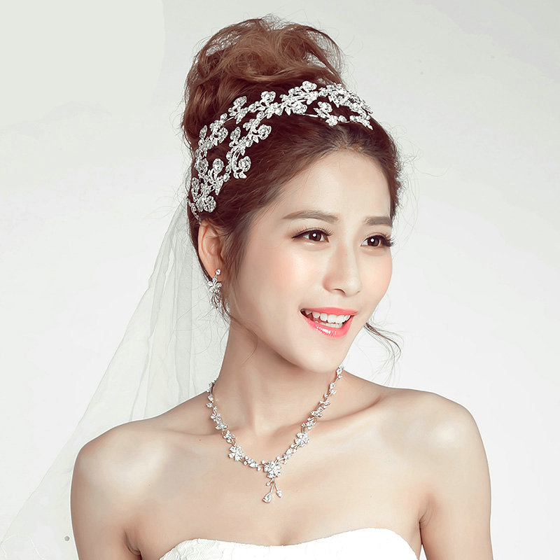 Luxury Alloy Rhinestone Flower Bridal Headbands Necklace Earrings Women Wedding Jewelry Sets - Silver