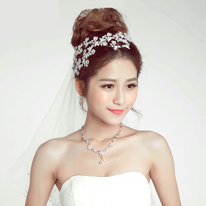 Luxury Alloy Rhinestone Flower Bridal Headbands Necklace Earrings Women Wedding Jewelry Sets - Silver