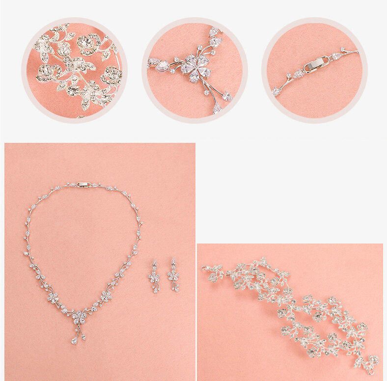 Luxury Alloy Rhinestone Flower Bridal Headbands Necklace Earrings Women Wedding Jewelry Sets - Silver