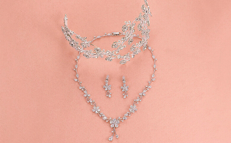 Luxury Alloy Rhinestone Flower Bridal Headbands Necklace Earrings Women Wedding Jewelry Sets - Silver