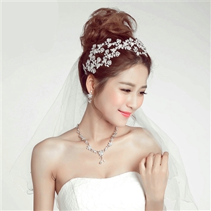 Luxury Alloy Rhinestone Flower Bridal Headbands Necklace Earrings Women Wedding Jewelry Sets - Silver