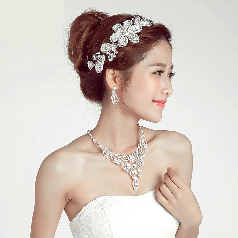 Luxury Alloy Rhinestone Lace Flower Bridal Headbands Necklace Earrings Women Wedding Jewelry Sets - Silver
