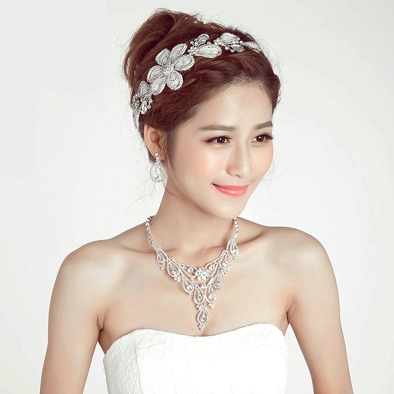 Luxury Alloy Rhinestone Lace Flower Bridal Headbands Necklace Earrings Women Wedding Jewelry Sets - Silver