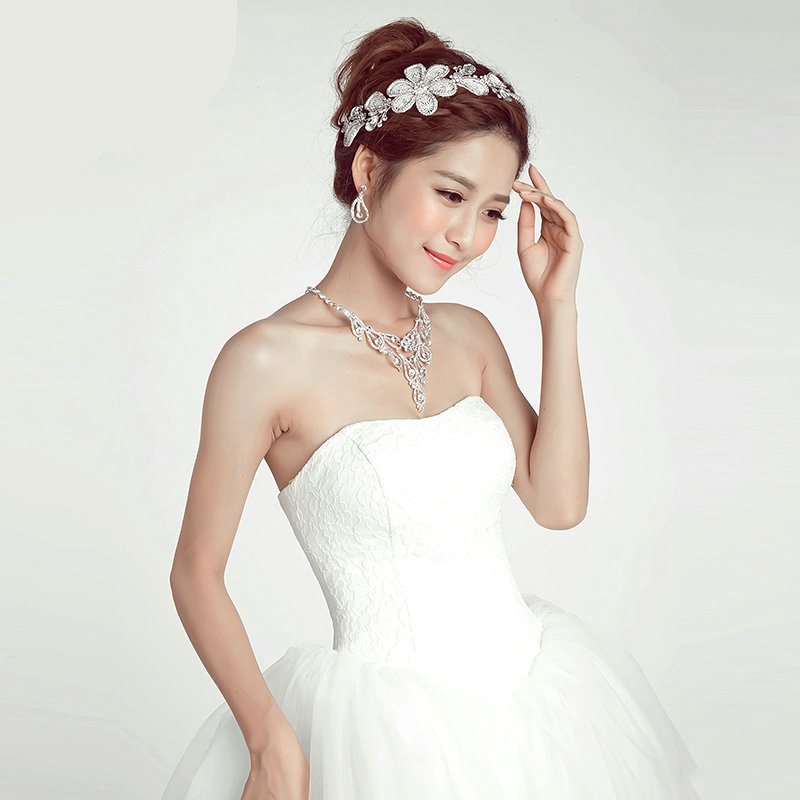 Luxury Alloy Rhinestone Lace Flower Bridal Headbands Necklace Earrings Women Wedding Jewelry Sets - Silver