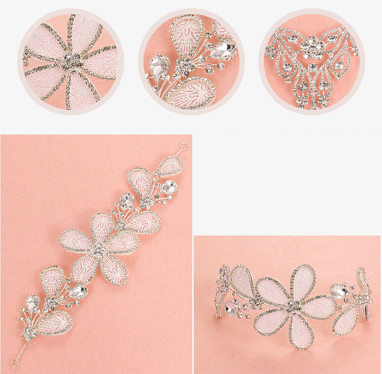 Luxury Alloy Rhinestone Lace Flower Bridal Headbands Necklace Earrings Women Wedding Jewelry Sets - Silver