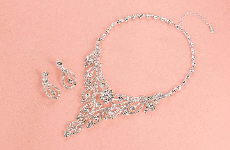 Luxury Alloy Rhinestone Lace Flower Bridal Headbands Necklace Earrings Women Wedding Jewelry Sets - Silver