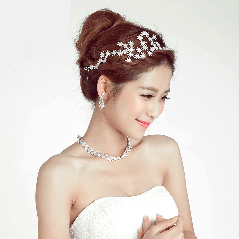 Luxury Alloy Rhinestone Stars Flower Bridal Headbands Necklace Earrings Women Wedding Jewelry Sets - Silver