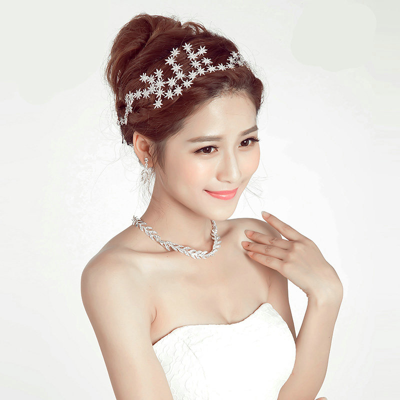 Luxury Alloy Rhinestone Stars Flower Bridal Headbands Necklace Earrings Women Wedding Jewelry Sets - Silver