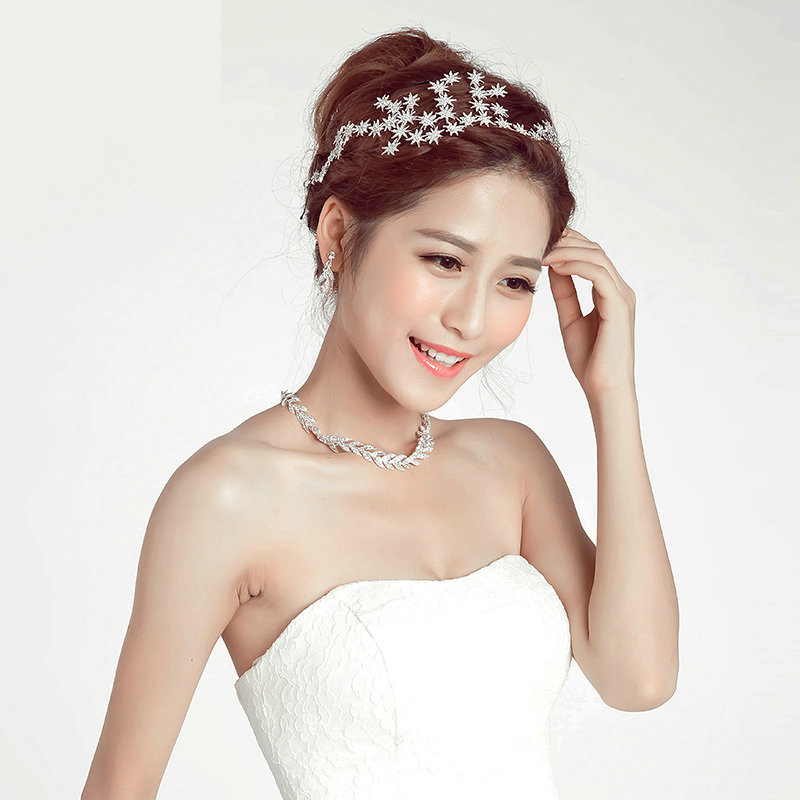 Luxury Alloy Rhinestone Stars Flower Bridal Headbands Necklace Earrings Women Wedding Jewelry Sets - Silver