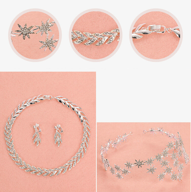 Luxury Alloy Rhinestone Stars Flower Bridal Headbands Necklace Earrings Women Wedding Jewelry Sets - Silver