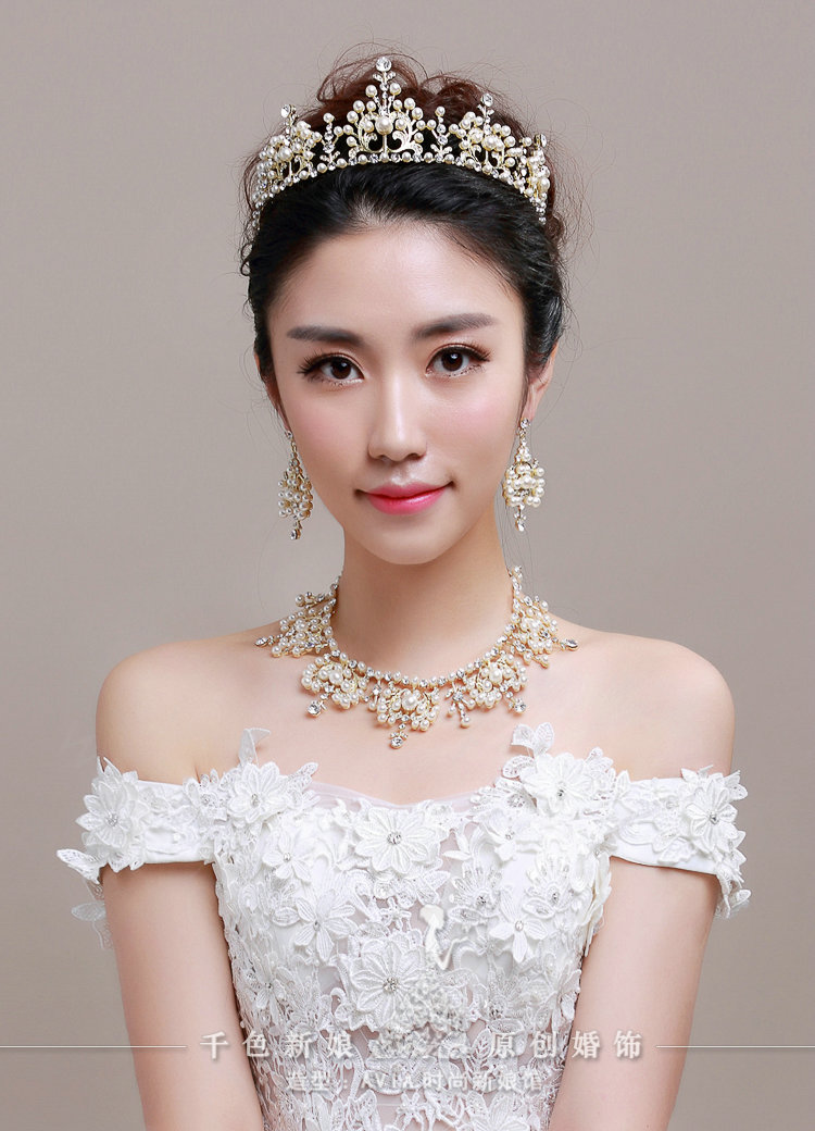 Luxury Pearl Crystals Bridal Tiaras Necklace Earring Queen Wedding Jewelry Sets 3pcs - Gold