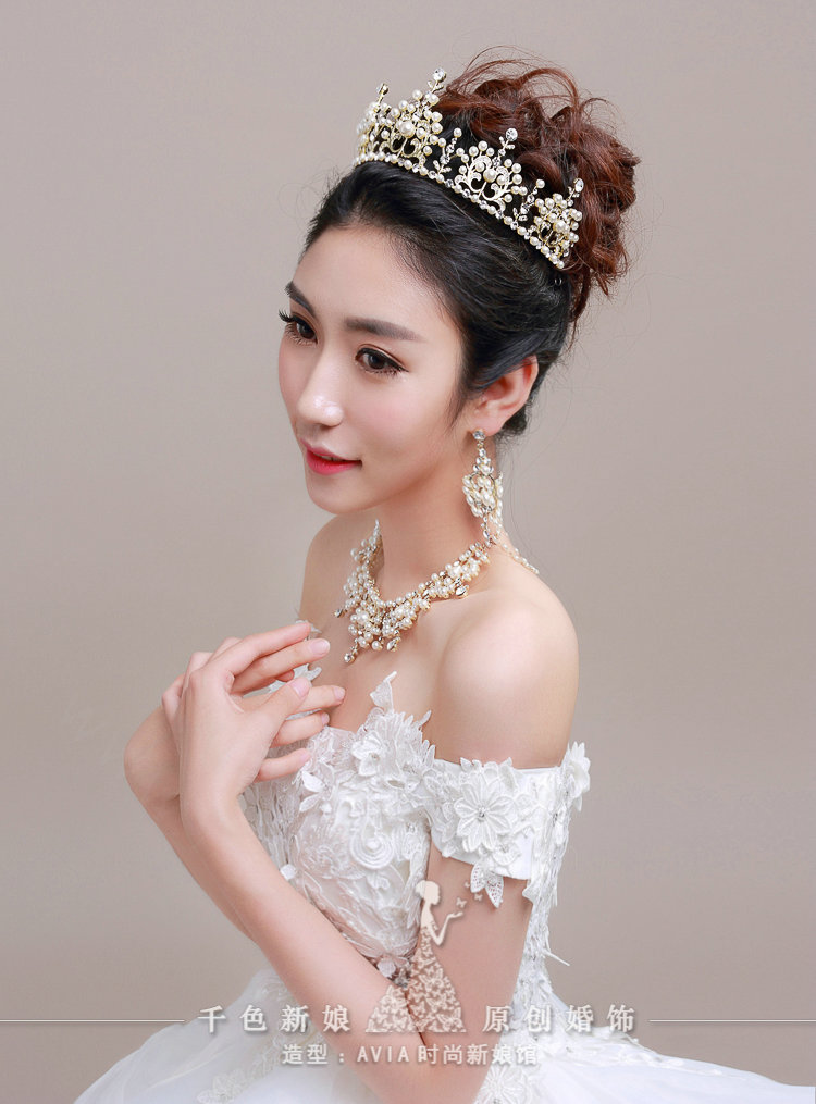 Luxury Pearl Crystals Bridal Tiaras Necklace Earring Queen Wedding Jewelry Sets 3pcs - Gold