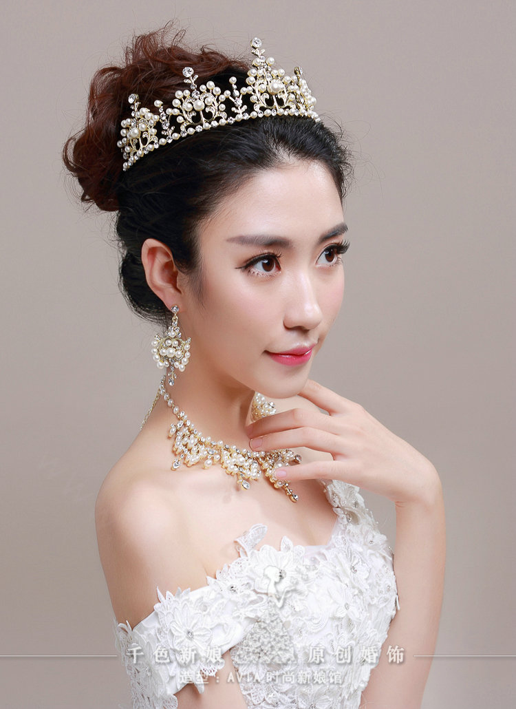 Luxury Pearl Crystals Bridal Tiaras Necklace Earring Queen Wedding Jewelry Sets 3pcs - Gold