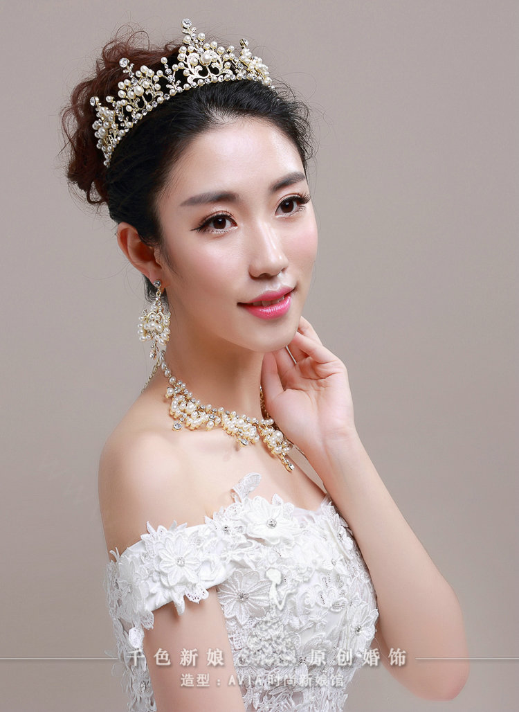 Luxury Pearl Crystals Bridal Tiaras Necklace Earring Queen Wedding Jewelry Sets 3pcs - Gold