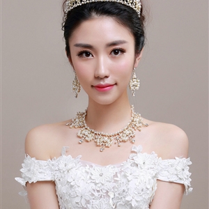 Luxury Pearl Crystals Bridal Tiaras Necklace Earring Queen Wedding Jewelry Sets 3pcs - Gold