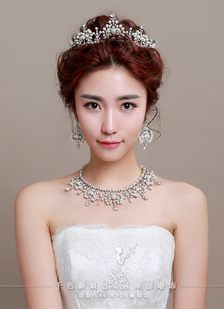 Luxury Pearl Crystals Bridal Tiaras Necklace Earring Queen Wedding Jewelry Sets 3pcs - White
