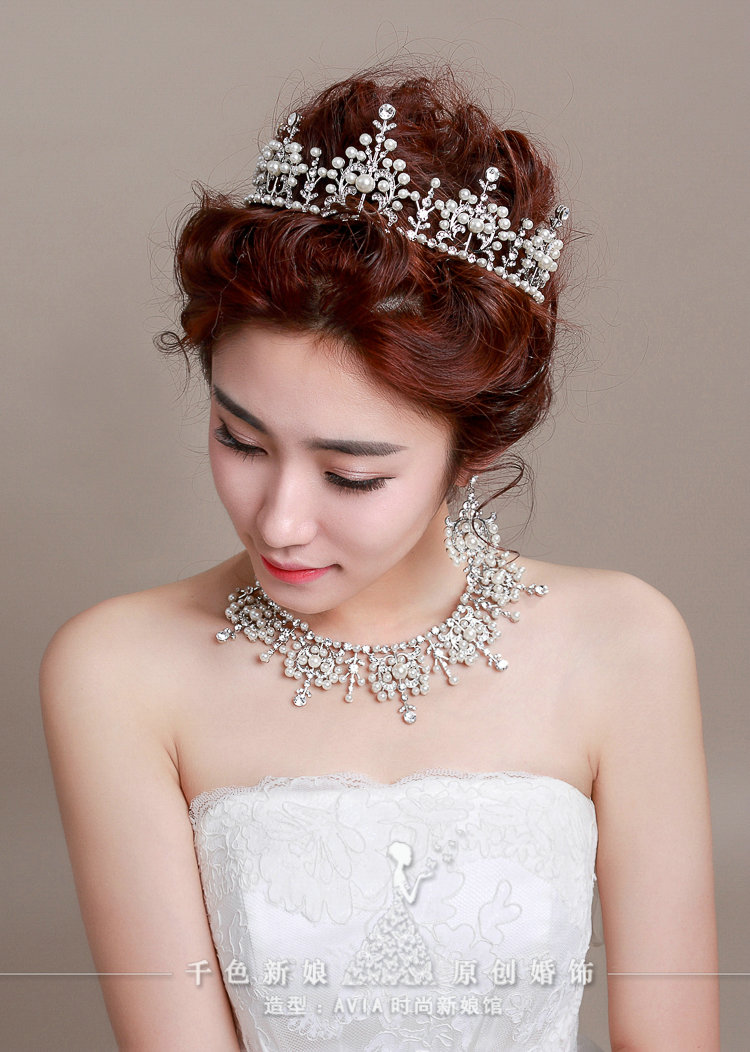 Luxury Pearl Crystals Bridal Tiaras Necklace Earring Queen Wedding Jewelry Sets 3pcs - White