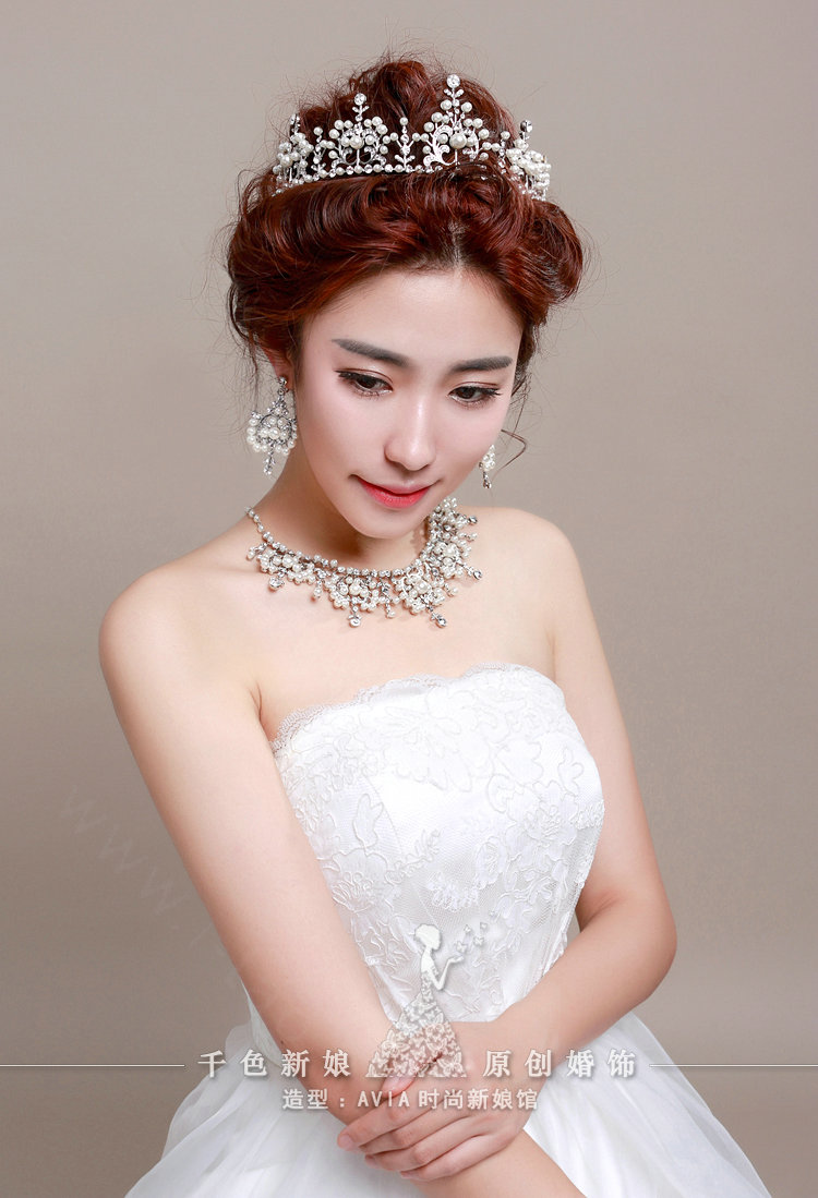 Luxury Pearl Crystals Bridal Tiaras Necklace Earring Queen Wedding Jewelry Sets 3pcs - White