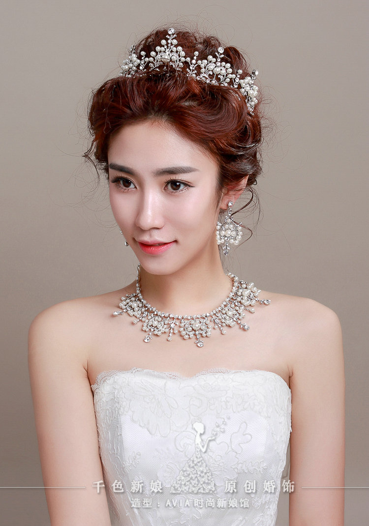 Luxury Pearl Crystals Bridal Tiaras Necklace Earring Queen Wedding Jewelry Sets 3pcs - White