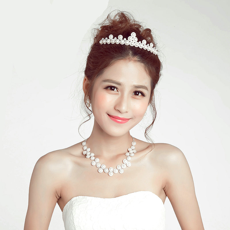 Luxury Pearls Flower Bridal Jewelry Tiaras Necklace Earring Women Pageant Sets 3pcs - White
