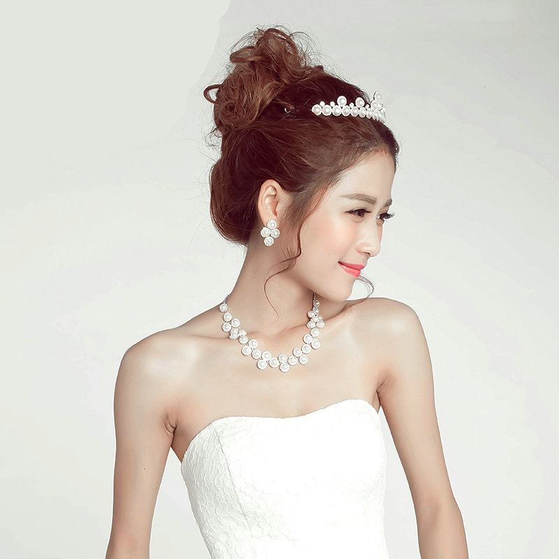 Luxury Pearls Flower Bridal Jewelry Tiaras Necklace Earring Women Pageant Sets 3pcs - White