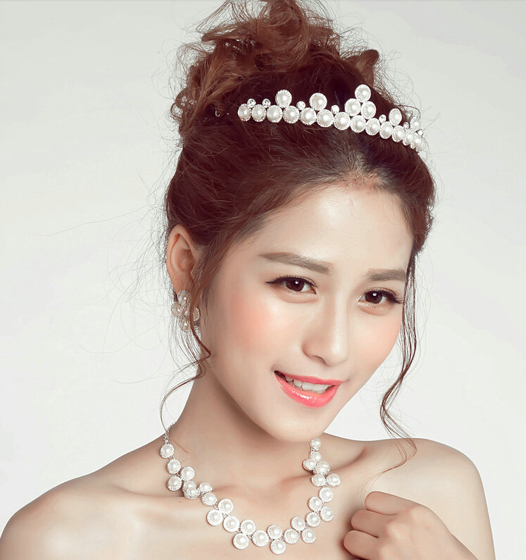 Luxury Pearls Flower Bridal Jewelry Tiaras Necklace Earring Women Pageant Sets 3pcs - White