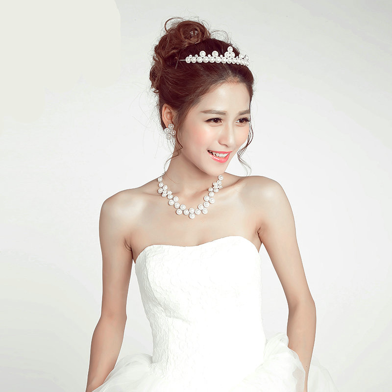 Luxury Pearls Flower Bridal Jewelry Tiaras Necklace Earring Women Pageant Sets 3pcs - White