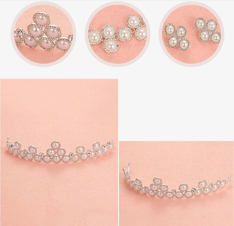 Luxury Pearls Flower Bridal Jewelry Tiaras Necklace Earring Women Pageant Sets 3pcs - White