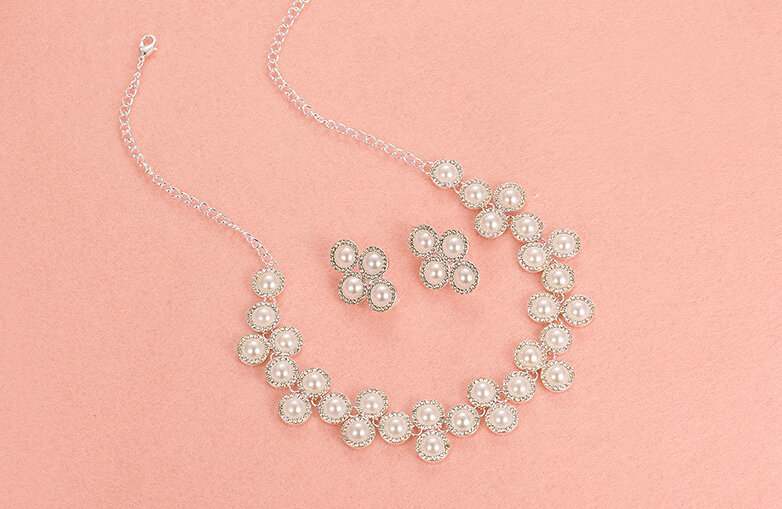 Luxury Pearls Flower Bridal Jewelry Tiaras Necklace Earring Women Pageant Sets 3pcs - White