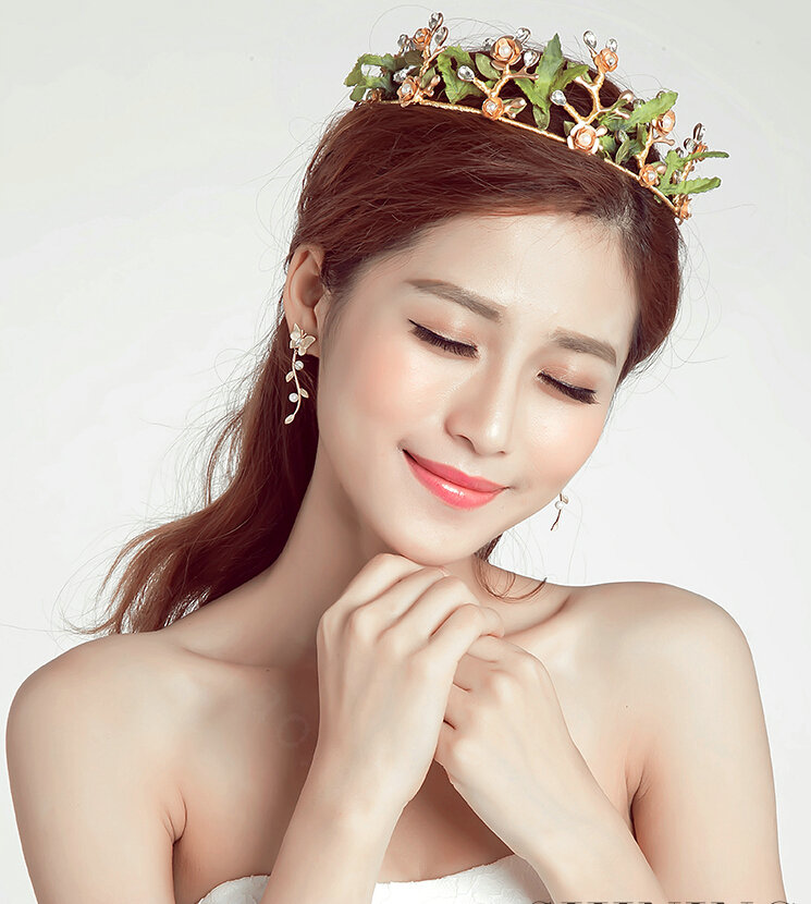 New Alloy Rhinestone Flower Bridal Jewelry Tiaras Earring Princess Style Pageant Sets 2pcs - Green