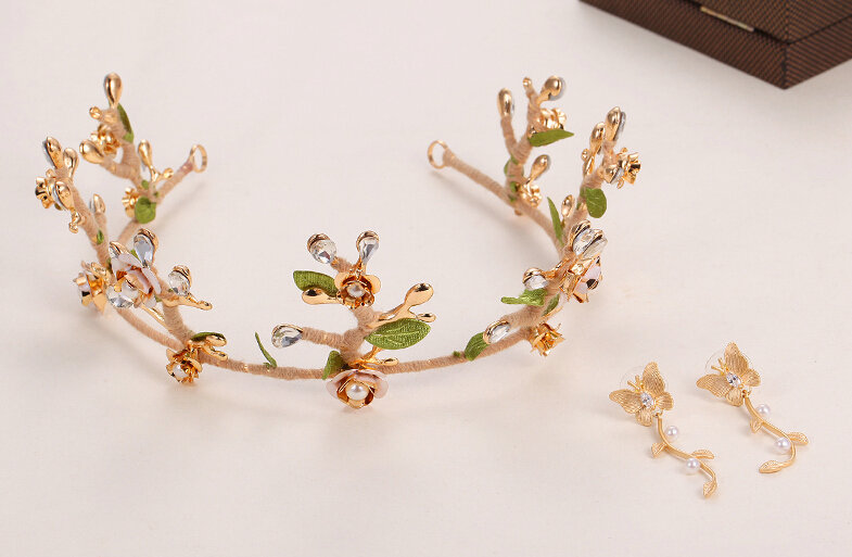 New Alloy Rhinestone Flower Bridal Jewelry Tiaras Earring Princess Style Pageant Sets 2pcs - Green