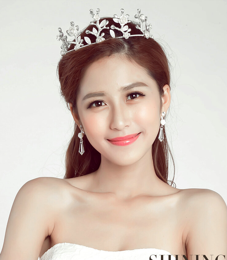 New Alloy Rhinestone Flower Bridal Jewelry Tiaras Earring Princess Style Pageant Sets 2pcs - White