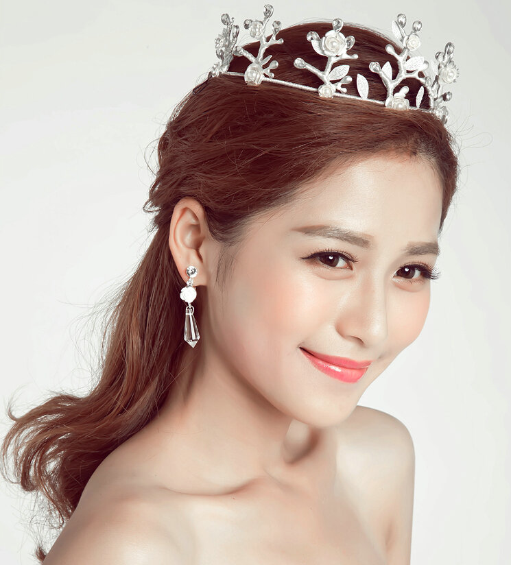 New Alloy Rhinestone Flower Bridal Jewelry Tiaras Earring Princess Style Pageant Sets 2pcs - White