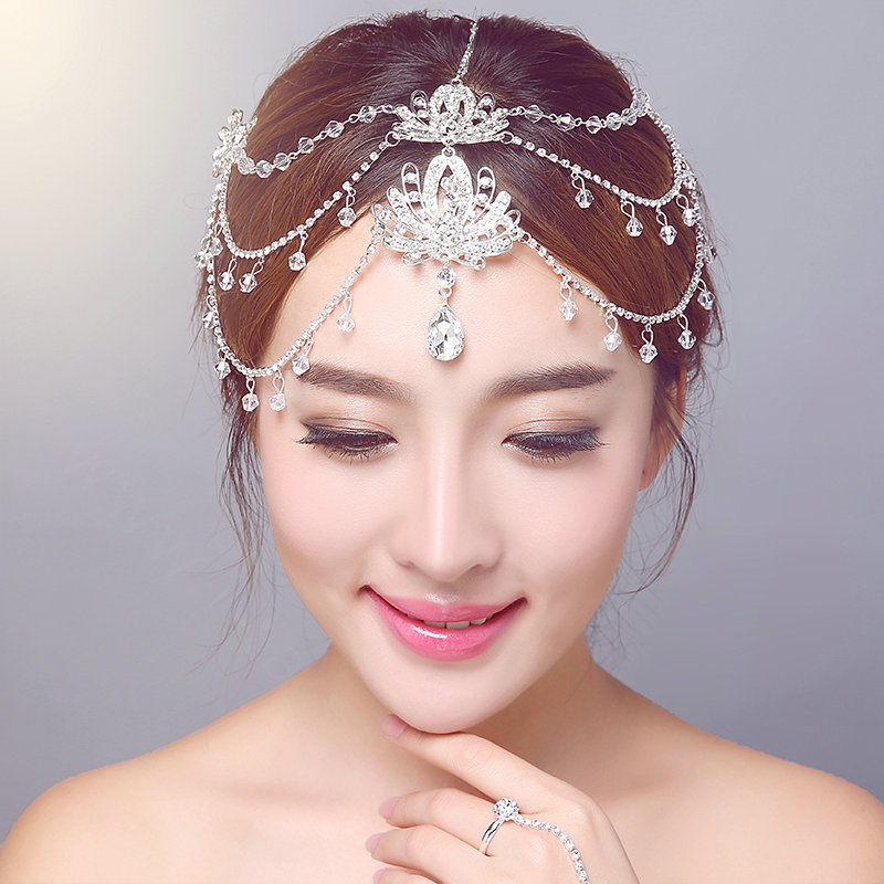 New Rhinestone Alloy Flower Tassel Beads Bohemia Bridal Frontlet Headbands Hair Accessories - White