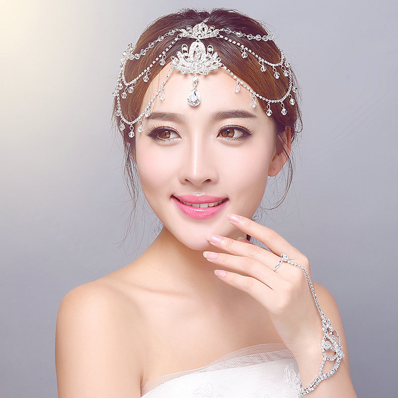 New Rhinestone Alloy Flower Tassel Beads Bohemia Bridal Frontlet Headbands Hair Accessories - White