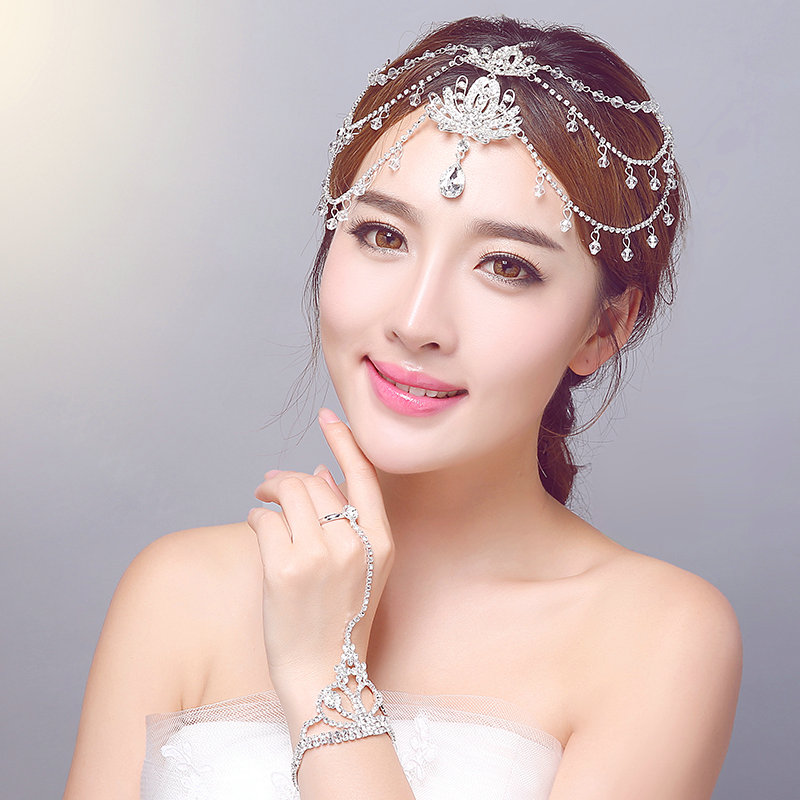 New Rhinestone Alloy Flower Tassel Beads Bohemia Bridal Frontlet Headbands Hair Accessories - White