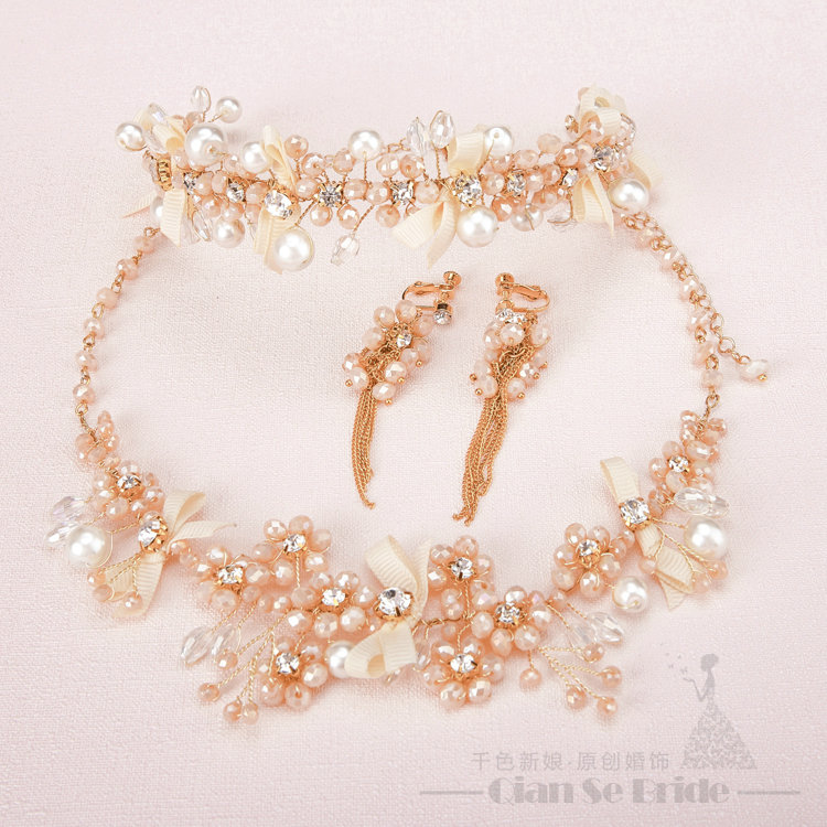 Newest Crystals Beads Pearls Soft Chain Bridal Jewelry Tiaras Necklace Earring Women Wedding Sets 3pcs - Gold