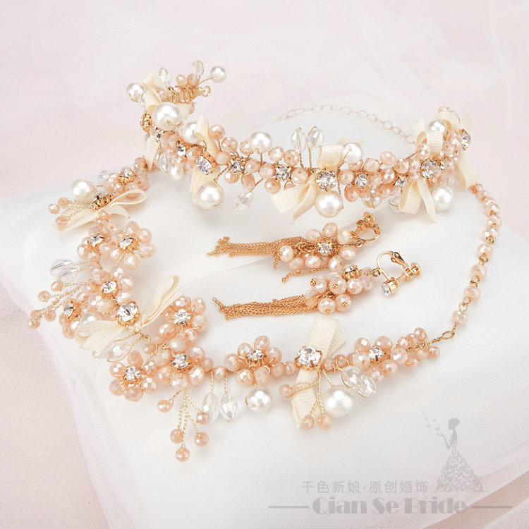 Newest Crystals Beads Pearls Soft Chain Bridal Jewelry Tiaras Necklace Earring Women Wedding Sets 3pcs - Gold