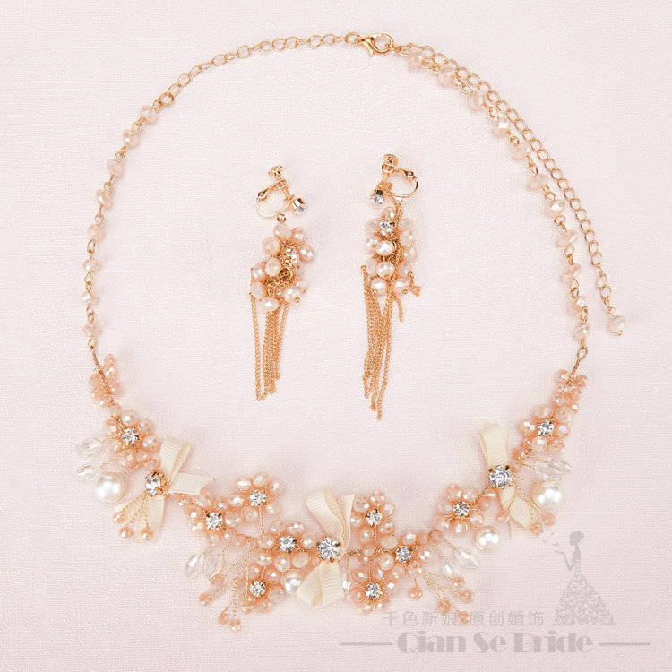Newest Crystals Beads Pearls Soft Chain Bridal Jewelry Tiaras Necklace Earring Women Wedding Sets 3pcs - Gold