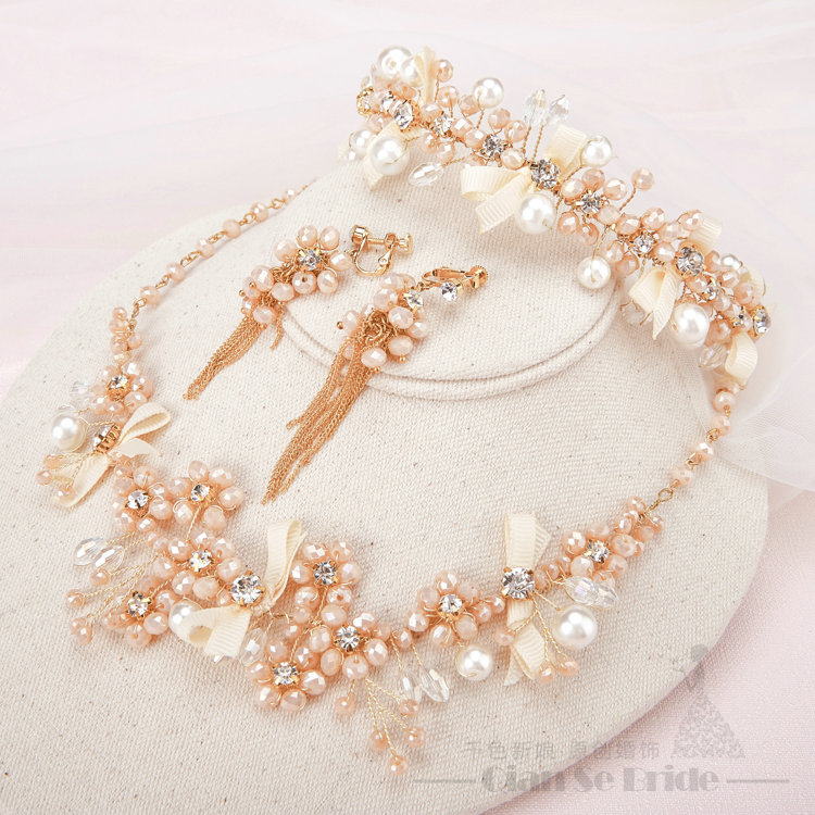 Newest Crystals Beads Pearls Soft Chain Bridal Jewelry Tiaras Necklace Earring Women Wedding Sets 3pcs - Gold